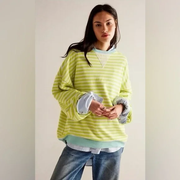 NWOT We The Free Classic Striped Oversized Crewneck ~Lime Combo~ - Picture 1 of 3